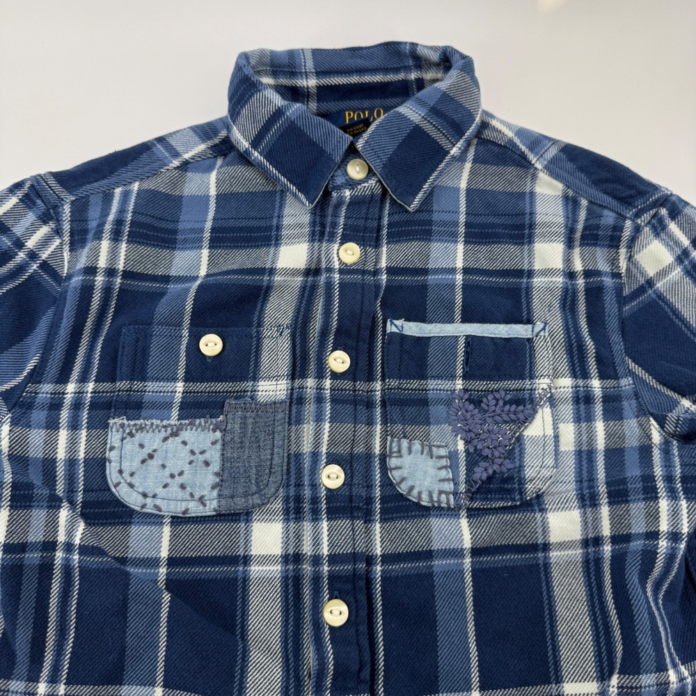 Polo Ralph Lauren Flannel Shirt Kids 7 Blue Plaid Cotton Patchwork Detail